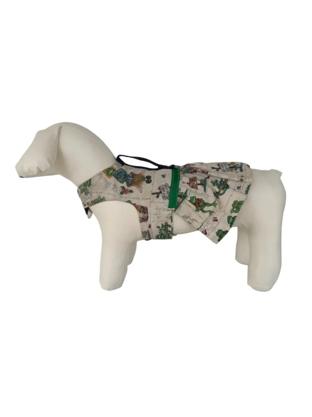 Handmade Small Dog Adjustable Dress Outfit w Harness Frog Print Ruffled Skirt